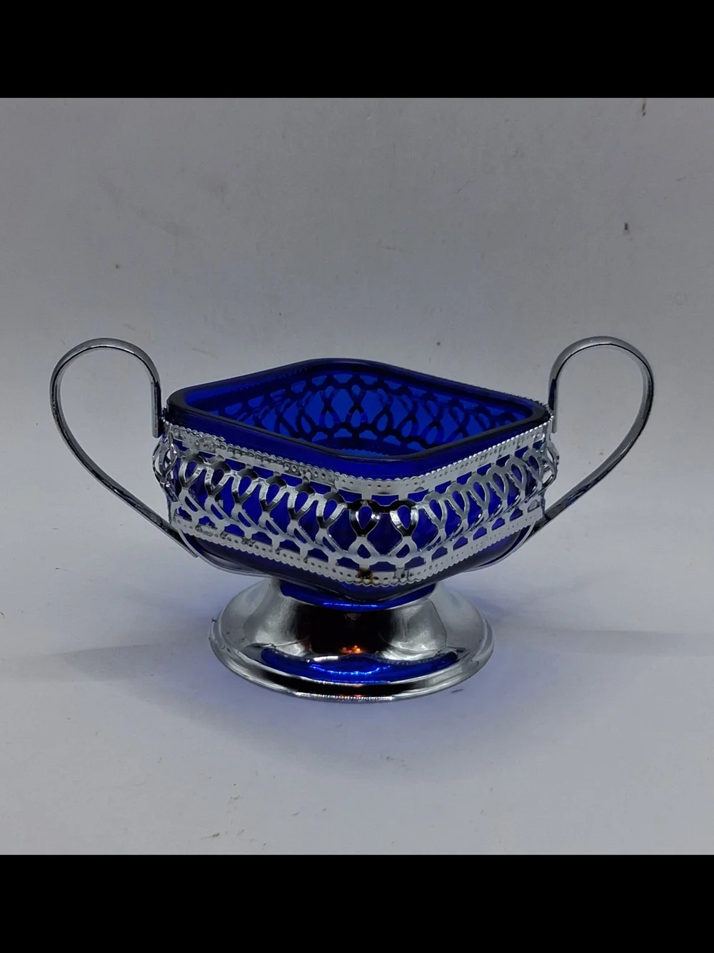 Elegant Cobalt Blue Glass Sugar Bowl with Silver-tone Filigree